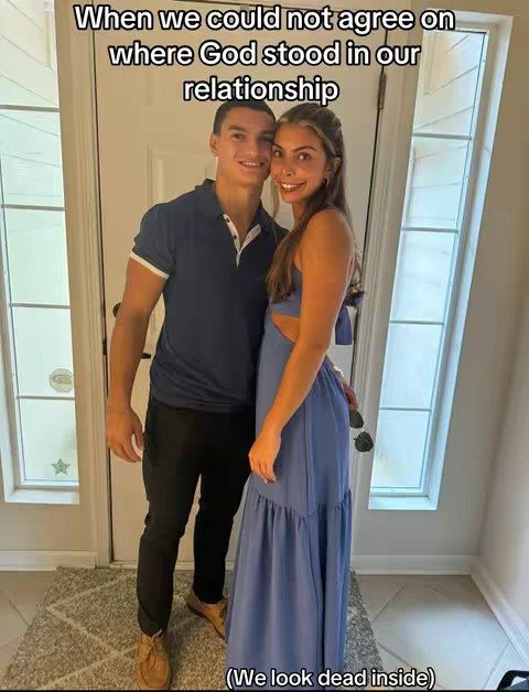 A couple standing in front of a doorway, smiling. The man is on the left, wearing a dark blue polo shirt and black pants. The woman is on the right in a blue dress. Text overlay on the image.