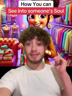 A man in a white t-shirt smiles and gestures towards the camera. Behind him is an animated background featuring a woman standing in a clothing store setting. Text overlays read, 'How You can See into someone's Soul'.