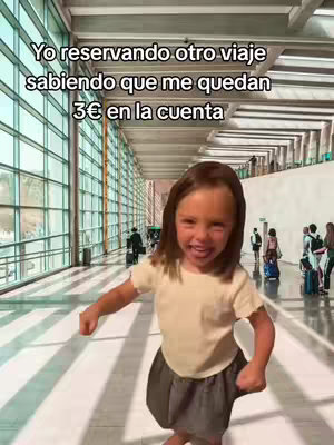 A young girl is captured in a candid shot at an airport, likely in a spacious terminal. She's the central figure, positioned slightly off-center, with a very expressive face. The background shows the inside of an airport terminal, with long corridors defined with high glass walls, skylights and a multitude of people.