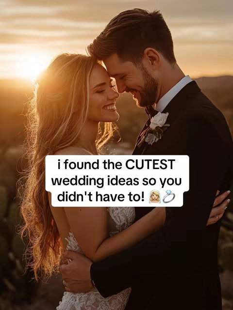 A romantic photo depicts a couple embracing outdoors. The sun sets in the background, casting a warm glow. The woman, with long, flowing blonde hair, leans her head against the man's. They're both smiling, and text overlayed on top of them states that the video will present wedding ideas.