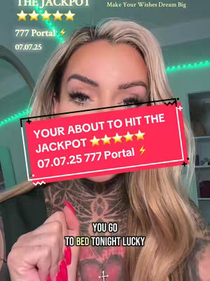 A selfie style shot with the creator's face in the foreground, the top portion of the face is visible and the lower portion contains a red rectangle. The background has lights and a glimpse of what looks like a bedroom or closet space. Text overlays add context, primarily focusing on astrological themes and a 777 portal with added stars and lightning bolts for emphasis.