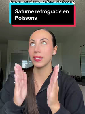 The cover image features a woman in a black hoodie looking upwards with an open-mouthed expression, her hands in front of her as if holding something. Above her head is a black box with the text overlay "Saturne rétrograde en Poissons" in white. The background consists of a room interior.