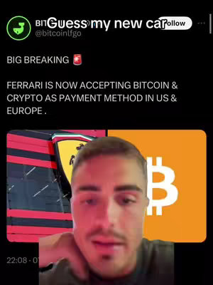 The cover image shows a split view. On the left, a dark-red Ferrari with a yellow emblem is visible. On the right, the Bitcoin logo is set against an orange background. A man's face is in the lower half, and the background is black. Text at top reveals the breaking news of the acceptance of Bitcoin and crypto.