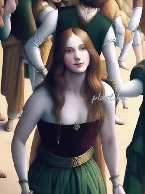 The cover image features a woman in a historical or fantasy setting, surrounded by other figures. Focus is on a woman with brown hair and a serene expression. She wears a strapless burgundy top with a gold pendant and a long green skirt with a decorative gold belt. Her skin appears fair, and she is surrounded by others dressed in similar period attire, creating a sense of a close-up of a crowd.