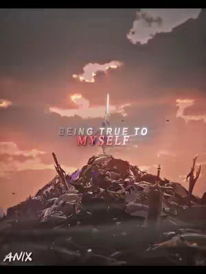The image features a stylized landscape under a dramatic sky. A rocky, jagged structure is at the bottom, possibly a mountain range or a collection of debris. A bright, glowing sword-like object emerges from the structure, pointing towards the sky where clouds are present. Text overlay, which reads, 'BEING TRUE TO MYSELF,' in a stylized font, hovers above the central structure.
