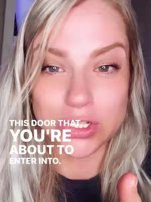 A close-up selfie of a woman with long blonde hair, slightly parted lips, and direct eye contact. Text overlayed on the image.