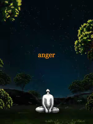 An illustration depicts a person in a seated meditation pose, with a night sky and trees in the background and the word "anger" overlayed.