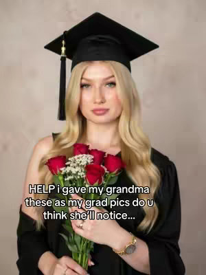 A young woman in a graduation cap and gown poses with a bouquet of red roses, set against a blurred background.