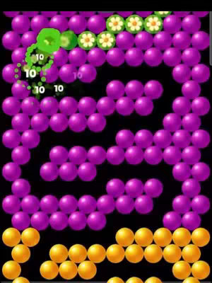 The cover image is a screenshot from a bubble-shooting game. It displays a field of purple bubbles with a black background. Positioned at the bottom are rows of yellow bubbles. Several green bubbles can be seen being shot, some already in place, with numbers overlaid indicating the points, and white lines showing the trajectory of the current shot.