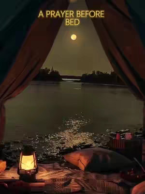 A serene night scene of a lake viewed from a tent-like opening. The full moon is visible in the dark sky. A lantern and objects are on the floor, creating a peaceful atmosphere.