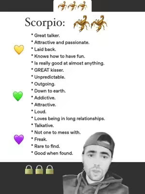 The cover features a list of characteristics associated with the astrological sign Scorpio, alongside the image of a man in a cap at the bottom of the frame. Above the text, there are scorpion emojis. The color scheme is simple, using white for the background and text, with accents from emojis in colors such as yellow, green, and purple.