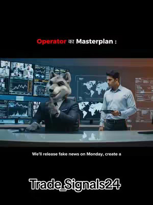 The image shows a scene set in a control room. A wolf-like figure in a suit is gesturing with a finger, while a man in a button-down shirt stands nearby, looking at a tablet. Behind them are screens displaying financial charts. Text overlays read 'Operator का Masterplan' and 'Trade_Signals24'. The scene is lit with cool tones.