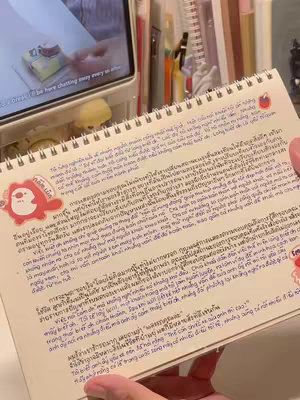A notebook is open, positioned at an angle to the viewer, covered in handwriting in a blue pen. A screen showing content relevant to the video is in the background. A digital sticker is visible in the left corner, with a red heart and cute illustration.