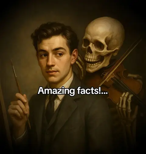 The cover image features a painting-like illustration. A young man in a dark suit holds a paintbrush, looking to the left. Behind him, a skeletal figure playing a violin looms, creating a surreal and slightly eerie composition. The words "Amazing facts!..." are overlaid in a white box across the image.