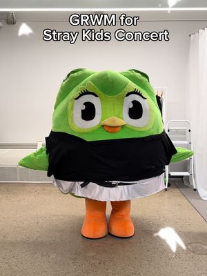 An individual dressed as the Duolingo owl mascot stands center in a room with a white wall and a partial view of a silver ladder on the right. The mascot is green with a black shirt and what appears to be a white skirt and orange feet. Above the mascot is text overlaid on image.