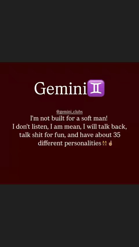The cover image features a dark burgundy background with a white font. The word "Gemini" is prominently displayed in a bold, stylized font at the top, followed by the Gemini zodiac symbol. Below this, there is a block of text detailing personality traits associated with Gemini, using a casual and bold tone. The overall layout is clean and text-focused.