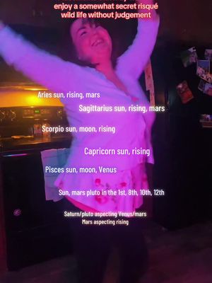 A woman in a casual outfit dances in front of a dim background, with additional text overlays about astrology signs.