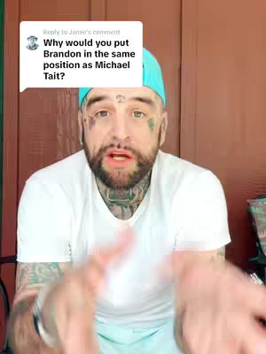 A man wearing a turquoise cap and a white t-shirt is shown in a selfie-style video. He has tattoos on his face and neck and a beard. A speech bubble containing text is overlaid on the top left corner.