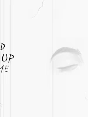 The cover image is a grayscale drawing, primarily white and featuring blurred, minimalist elements. On the left side, vertical lines intersect with the text "UP ME", which is stacked vertically. The right side showcases a blurred illustration of an eye, part of an eyebrow, and a few wisps suggestive of a cloud. The overall tone is simplistic and artistic, with a focus on text and a single facial feature.