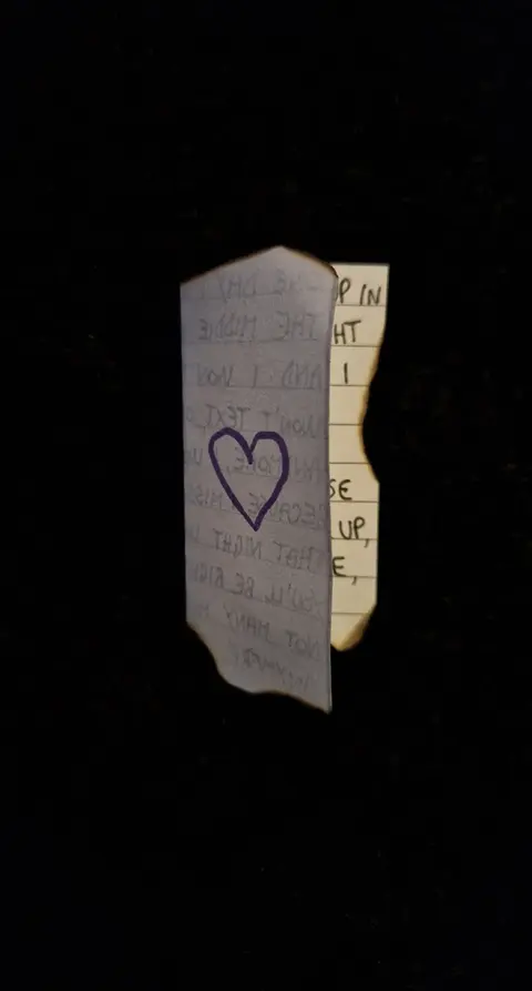 A vertically-oriented image against a stark black background showing two torn pieces of paper. One, a lighter-colored strip, has a slightly frayed edge and handwritten text on it. The second is a piece of paper with torn edges and text with the drawing of a heart in the middle. The heart is crudely drawn, outlined in a darker hue.  The composition has a sense of intimacy and vulnerability, implied by the partially obscured text.