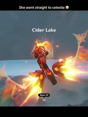 The image shows a character from what appears to be a video game, possibly a character from Genshin Impact, with detailed armor in fiery colors. The background is a blurred, ethereal scene, with text overlays indicating the location.