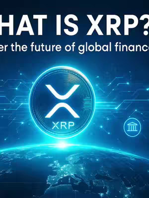 The cover image is a graphic with a dark blue background, featuring a stylized depiction of the earth with illuminated continents, suggesting a global context. At the center is a large, glowing circular emblem with the XRP logo, a white 'X' crossed with three lines in white, indicative of the cryptocurrency. Overlaid at the top is the text "WHAT IS XRP?" in bold, white font. Below this text appears the text "...the future of global finance" also in white. The overall design is polished and modern. At the bottom, the word "XRP" is placed below the emblem in a white font.