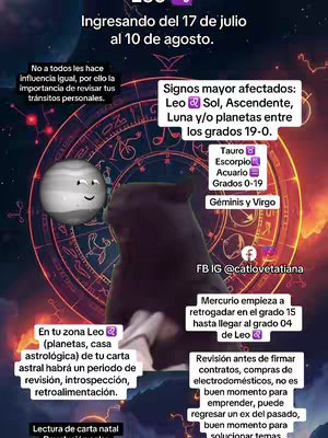 The image has a dark background with text elements and astrological symbols. In the center is a stylized dog figure. The text provides astrological insights and advice. There's a planet with a face on the left and various text blocks and symbols arranged around.