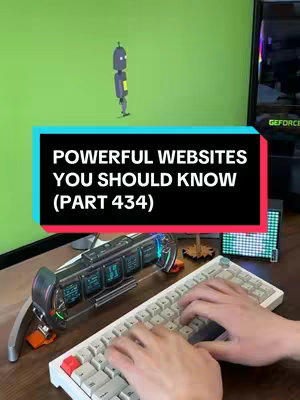 The cover image displays a vertical composition with a person's hands typing on a white keyboard at the bottom. On the left side, there's a futuristic device. A black rectangle with white text overlays the image, stating 'POWERFUL WEBSITES YOU SHOULD KNOW (PART 434)'. The backdrop consists of a green screen and a computer.