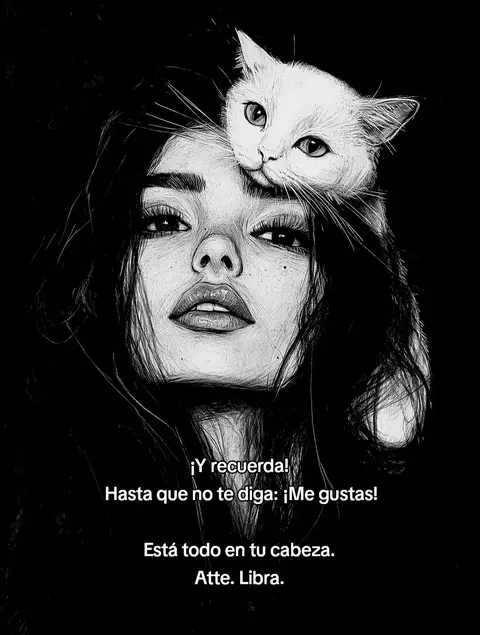 A black and white illustration of a woman with long, dark hair. Her face is centered, with a cat perched on top of her head. The cat is also white and looking forward. Text at the bottom reads in Spanish.