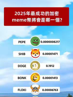 The image is a vertical graphic with a blue sky background and white fluffy clouds. A red rectangular banner at the top contains white text in Chinese characters. Below, there is a list of cryptocurrency meme coins. Each coin has its logo, the coin name in English, and a number. The coins listed include PEPE with a frog logo, SHIB with a Shiba Inu dog logo, DOGE with a doge logo, BONK with a Bonk dog logo and FLOKI with an elf-like dog logo.