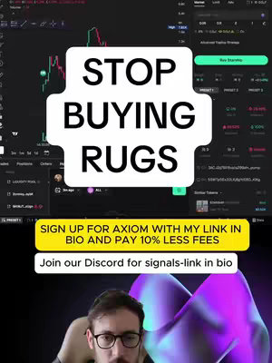 The image shows a split screen: The upper half features a crypto trading chart overlaid with the text "STOP BUYING RUGS" in a white, bold font on a black background. The lower half showcases a man wearing glasses, staring at the camera and the text offers a link to a discord server to generate more information and sign ups.