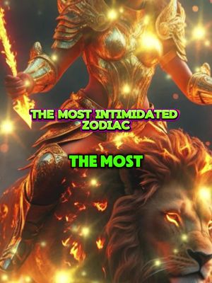 A fantastical image featuring a woman riding a fiery lion. The woman is clad in gold armor and holds a flaming sword. Text overlays, in a vibrant purple and green palette, read "THE MOST INTIMIDATED ZODIAC" and "THE MOST". The overall composition is dramatic and visually rich, with a blend of fantasy and astrological themes.