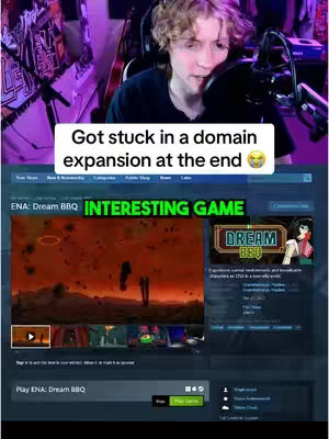 The cover image shows a person in front of a computer screen displaying a video game interface. A text overlay states 'Got stuck in a domain expansion at the end'. The main screen of the video game interface shows a game scene. The overall composition is a screenshot reflecting the game.
