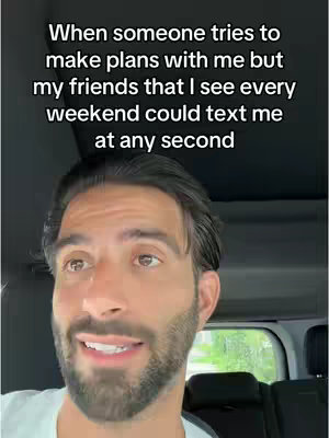 The cover image shows a man in the front seat of a car, looking towards the left. Text overlayed on the image reads about making plans while awaiting a text from friends.