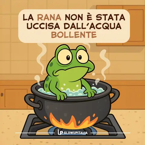 An illustrated image depicting a green frog sitting in a pot of boiling water, placed on a lit stove. The frog has a worried expression. A text bubble above the frog states 'LA RANA NON È STATA UCCISA DALL'ACQUA BOLLENTE' (The frog hasn't been killed by boiling water). The background shows a neutral colored kitchen setting, with a logo at the bottom of the image.