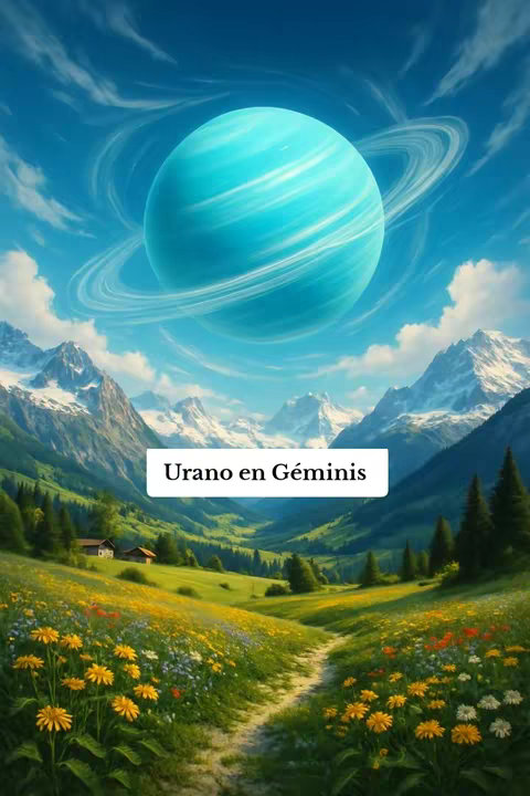 A serene landscape with a light blue planet with rings against a blue sky, mountains, and green valley with flowers. A white box labeled 'Urano en Géminis' overlays the image.