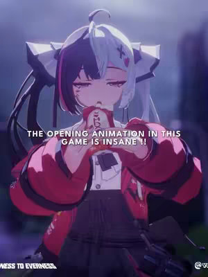 The image showcases an anime-style character, a young girl with two-tone hair, wearing a red jacket over a white top. The character appears to be holding a snack or object near her mouth, with text overlayed about an exciting animation within a game. The background is a dark, possibly gothic setting.