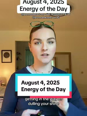 A woman with fair skin and light-colored hair in front of a light-colored background with the hook "August 4, 2025 Energy of the Day" overlaid on her as well as another hook at the bottom of the middle ground.