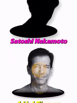 The cover image features a white background with two overlayed images. The top image is a black silhouette of a person's head and shoulders. Below it is text that reads 'Satoshi Nakamoto' in pink. Underneath, there's a photo of a man with a slightly transparent yellow circle overlaying his face. The bottom of the image features a blurred yellow text