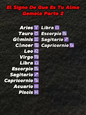 The image is a dark textured background with overlaid text listing astrological signs. At the top, the text 'El Signo De Que Es Tu Alma Gemela Parte 2' is written in red. Below that, the signs of the zodiac are listed in white text, each paired with its astrological symbol in a purple square.