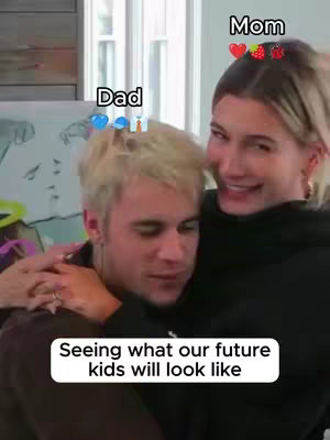 The image is a vertical shot featuring a couple embracing. The man is on the left, with blonde hair, and the woman is on the right and is hugging him, smiling. The background is blurred, with text overlaying the couple. "Dad" and "Mom" are placed above the couple, with associated emoticons. A white box at the bottom says "Seeing what our future kids will look like".