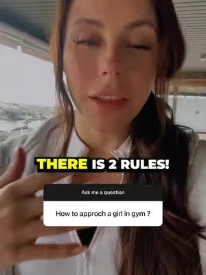 A woman with brown hair is centered in the frame, speaking. Overlaid on the bottom of the video is a white rectangular graphic with a black outline, inside of which is the prompt, 'How to approach a girl in gym?', and a black graphic reading 'Ask me a question'. Above her are the overlaid words 'THERE IS 2 RULES!' in a yellow box.