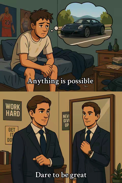 A split image showing a cartoon man in a room looking dejected, with a thought bubble of a luxury car, contrasted with an image of the same man in a suit, looking confident in a mirror.