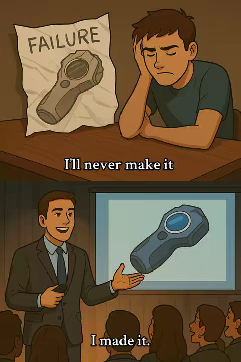 An animated image illustrating a transformation. The image is split into two scenes, the top showing a man with a sad expression and a picture reading "FAILURE." The bottom scene shows the man looking confident, presenting to an audience, with a screen reading “I made it.” Overall, the artwork features warm, inviting colors.