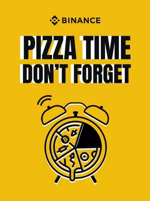 The cover image features a yellow background. Centered, there's a stylized alarm clock with a pizza slice design. The word "BINANCE" is at the top-left. The text overlay reads 'PIZZA TIME DON'T FORGET'.