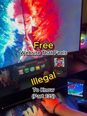 The image shows a gaming setup with a computer monitor displaying a split image of a character, the left side displays a blue and white scene, while the right side is a fire and red scene. In the center are text overlays. There are also two handheld gaming devices that display game graphics, and a keyboard with a person's hands typing. Below the monitor, next to the keyboard, is a handheld gaming device.