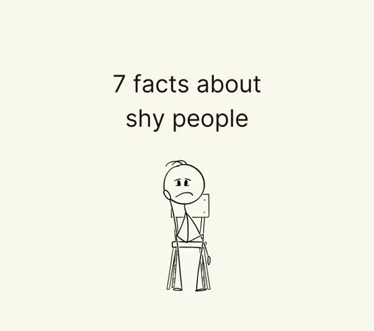 The image shows a light beige background with the text "7 facts about shy people" in black font at the top. Below the text, a stick figure illustration depicts a person sitting on a chair, with their head resting on their hand, suggesting shyness or contemplation.