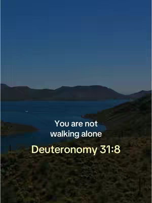 A scenic image showcasing a landscape. The top portion features a clear blue sky. Below, there are layers of mountains, a lake, and land, all under a blue gradient. White text overlays the center of the image, with the words 'You are not walking alone' and the bible verse 'Deuteronomy 31:8'.