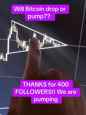 A hand points at a stock chart on a screen. Text overlays indicate the focus is on Bitcoin and asking whether it will drop or pump. Another text overlay thanks followers.