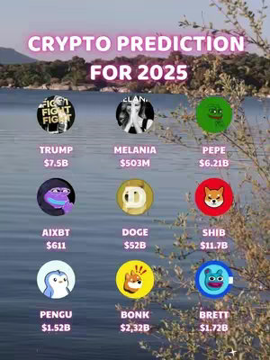The image is a composite graphic featuring various circular icons against a picturesque backdrop. The background shows a body of water with a tree line and sky in the distance. At the top is text in a light purple or pink, stating "CRYPTO PREDICTION FOR 2025". Below this header are several circular icons, each containing a different image or logo and a line of text and figures beneath them. The icons are arranged in two or three rows, each with a financial prediction ($X.XXB or $XXX). The color palette includes greens, blues, and pops of bright colors from the circular graphics. Overall, the image has a clean and informative layout, suggesting an analysis or comparison of different cryptocurrencies.